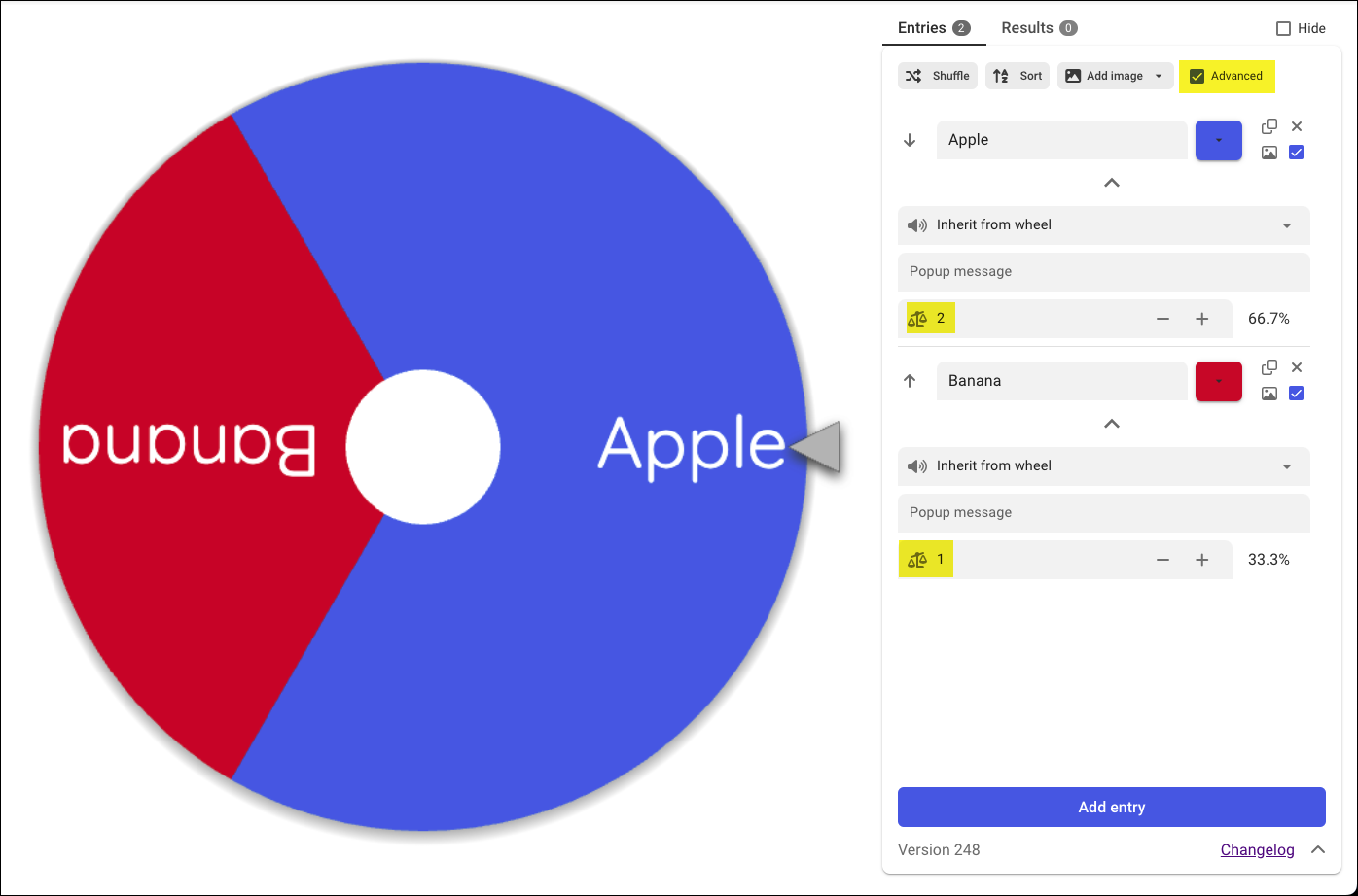 An advanced wheel. The entry 'Apple' takes up 2/3 of the wheel, and 'Banana' takes up 1/3. The editor on the right shows the weights.